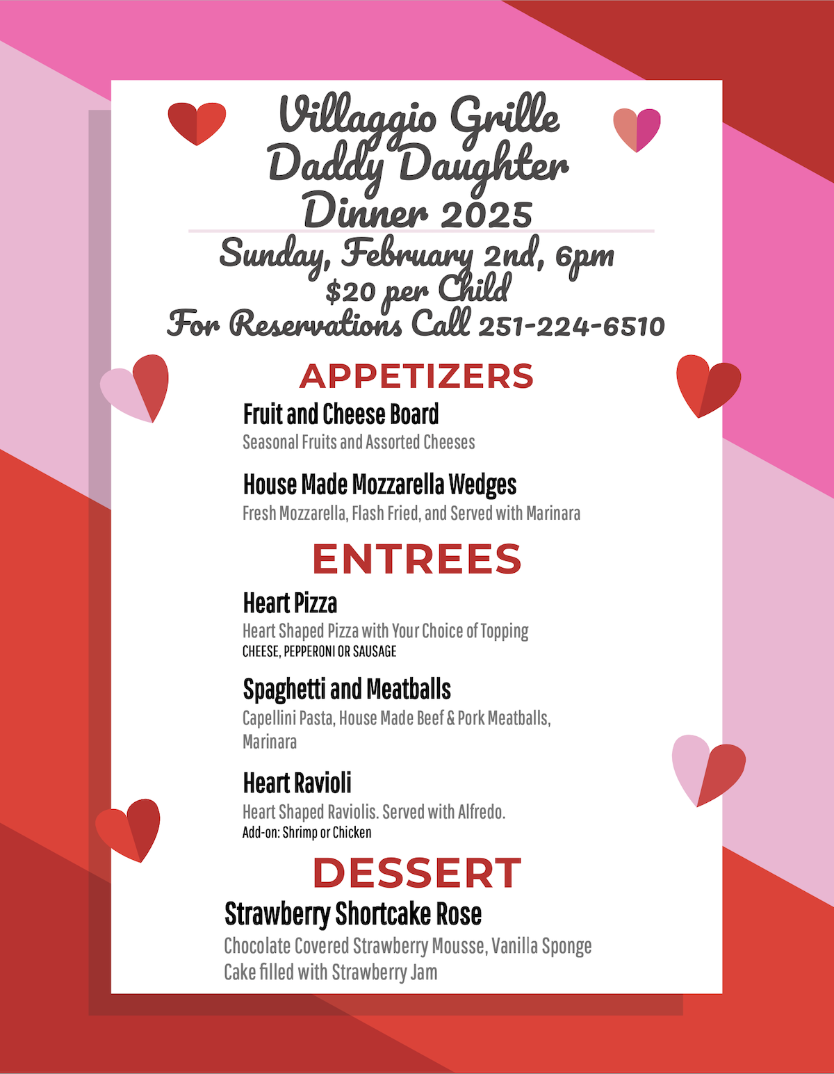 Villaggio Grille's Daddy Daughter Valentines Menu