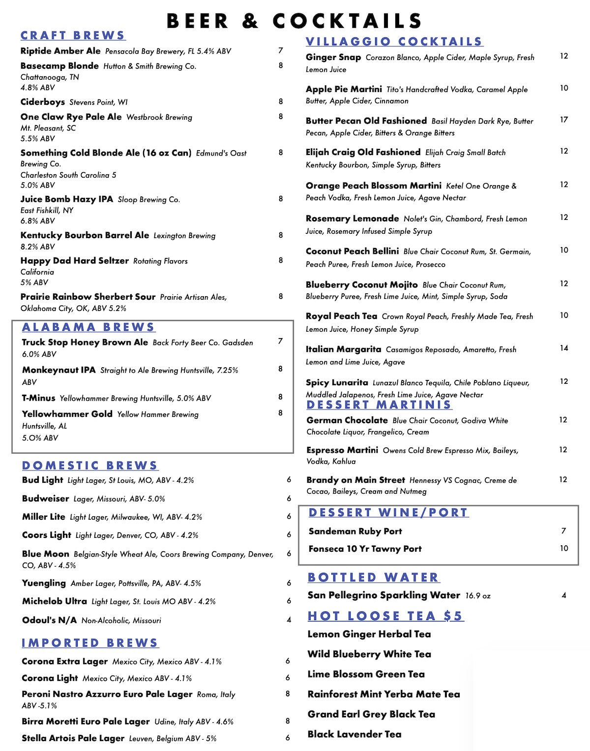 Villaggio Beer and Drink Menu, Orange Beach, AL restaurant