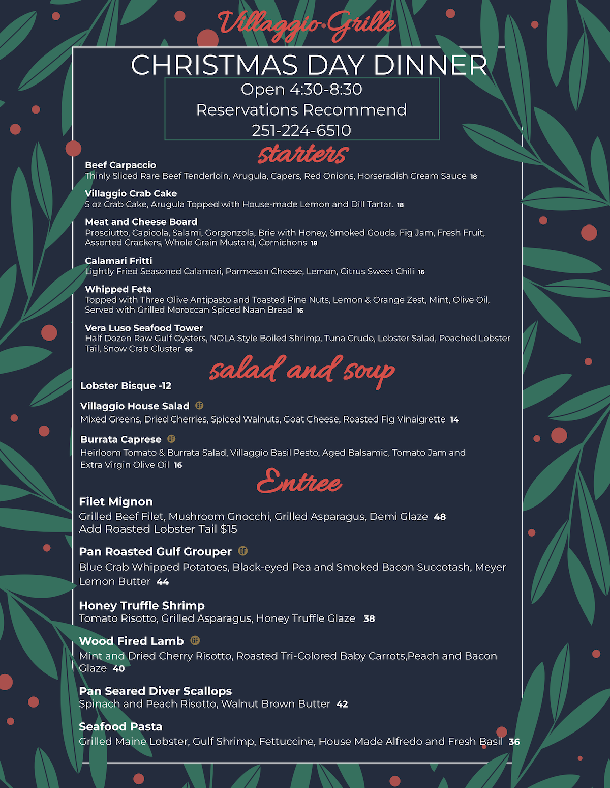 Villaggio's Christmas Dinner Menu