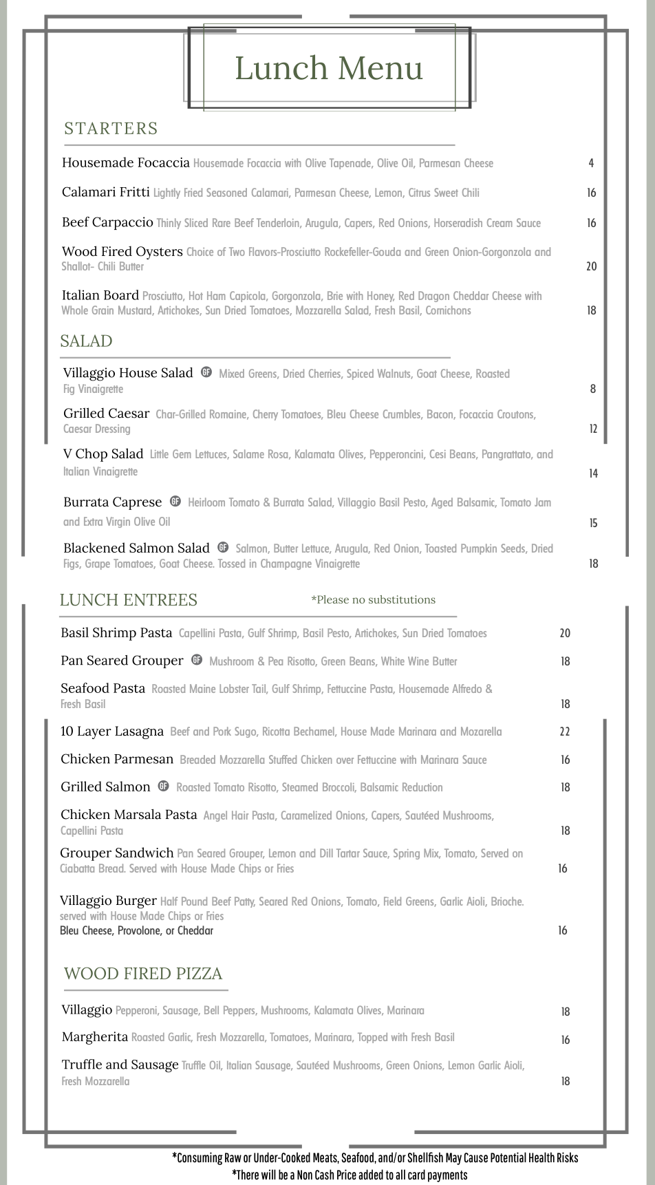 Villaggio Lunch Menu, Orange Beach, AL restaurant