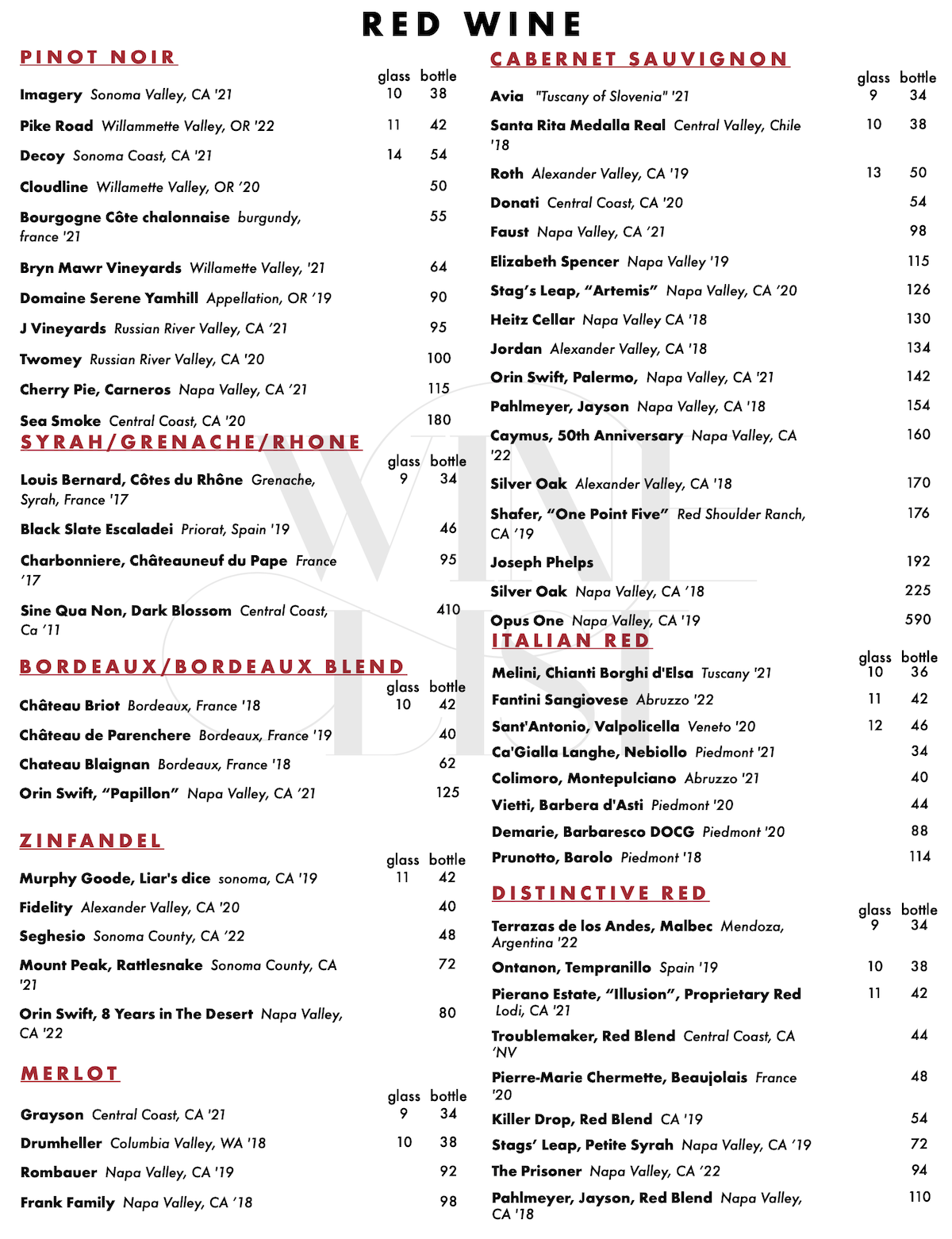 Villaggio's Red Wine List