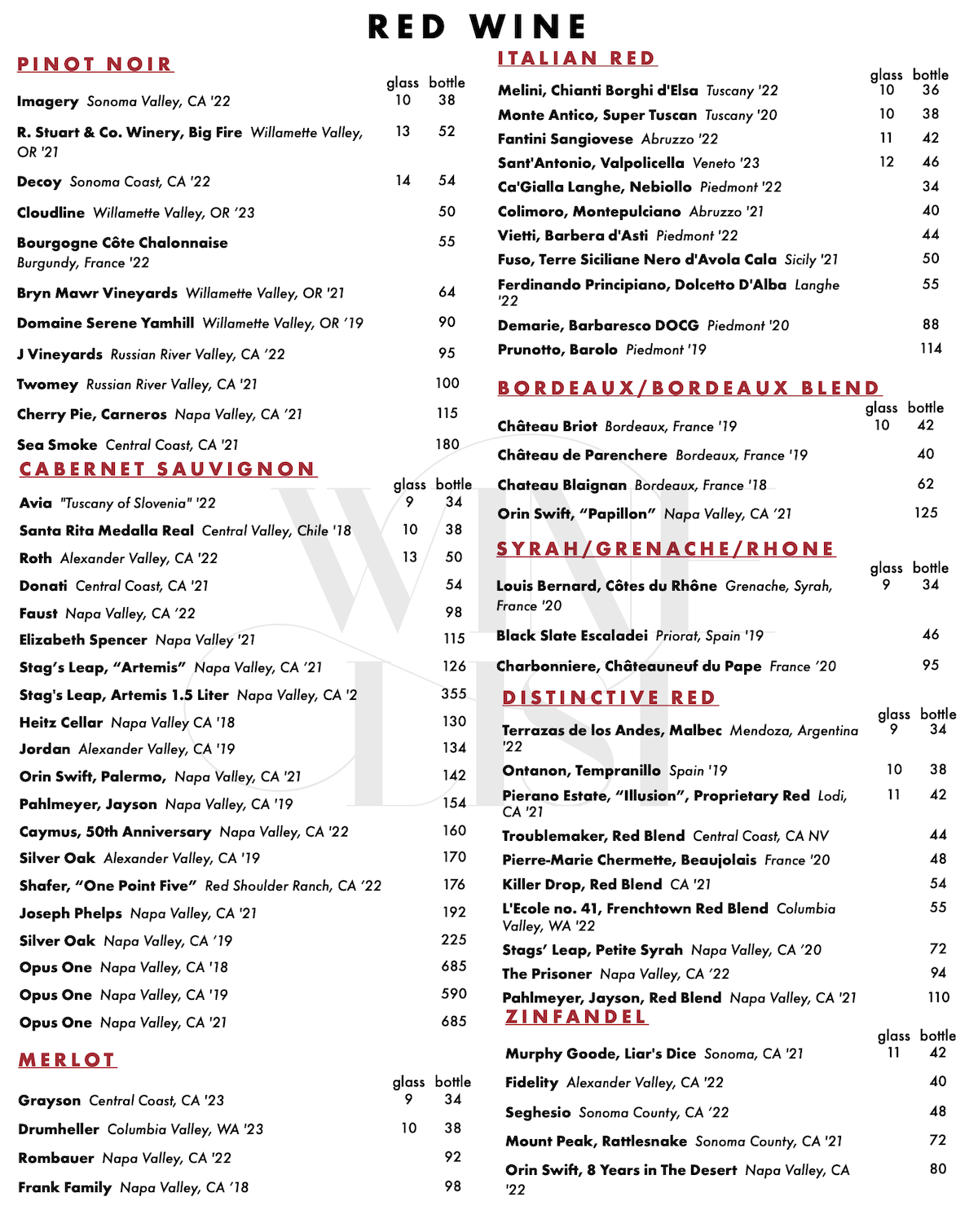 Villaggio's Red Wine List