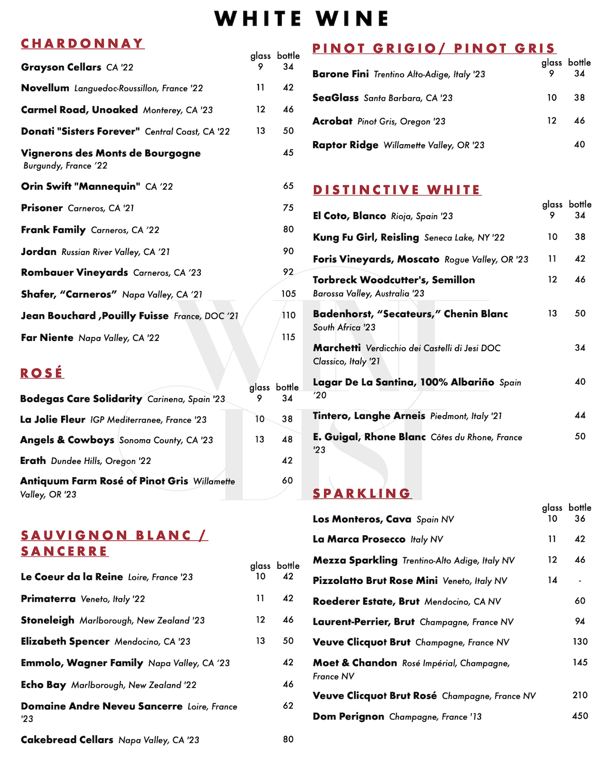 Villaggio's White Wine List