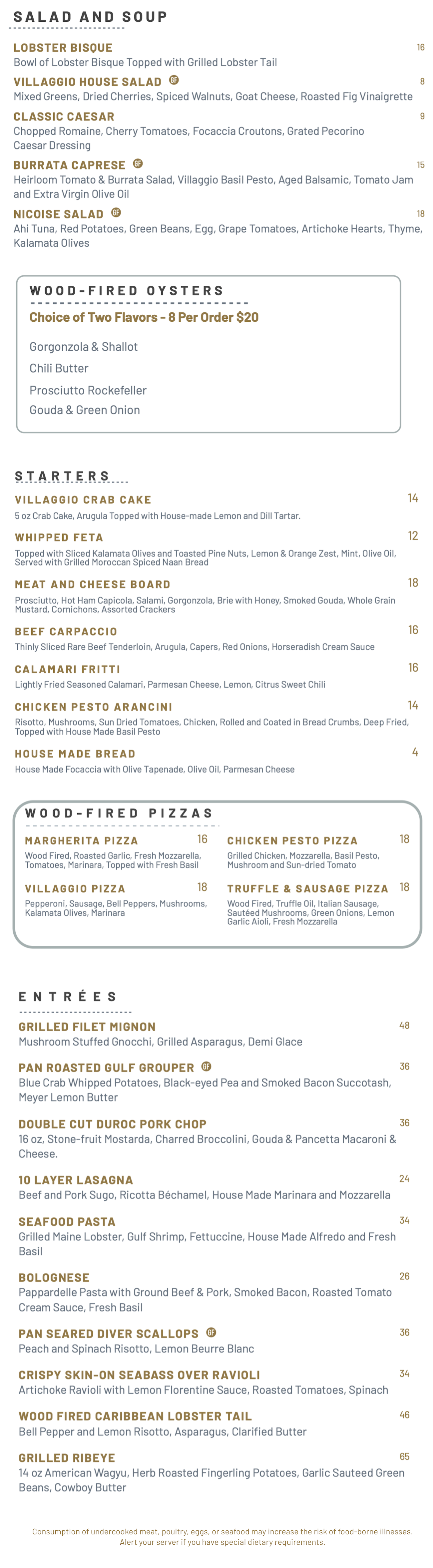 Villaggio Dinner Menu, Orange Beach, AL restaurant